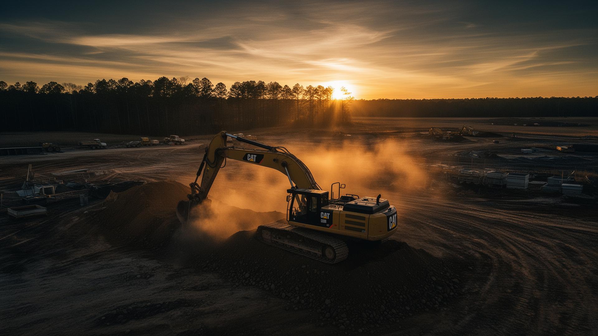 Excavator at sunset on Eastern NC construction site